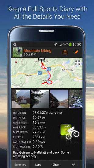 アンドロイドの携帯電話やタブレット用のプログラムSports Tracker のスクリーンショット。