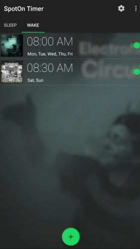 アンドロイドの携帯電話やタブレット用のプログラムSpotOn - Sleep & wake timer for Spotify のスクリーンショット。