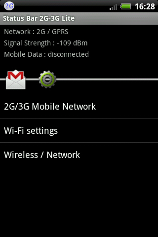 Les captures d'écran du programme Status bar 2G-3G pour le portable ou la tablette Android.