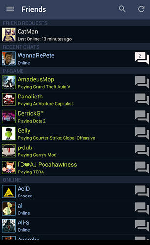 Capturas de tela do programa Steam em celular ou tablete Android.
