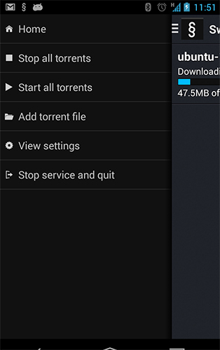 アンドロイドの携帯電話やタブレット用のプログラムSwarm torrent client のスクリーンショット。