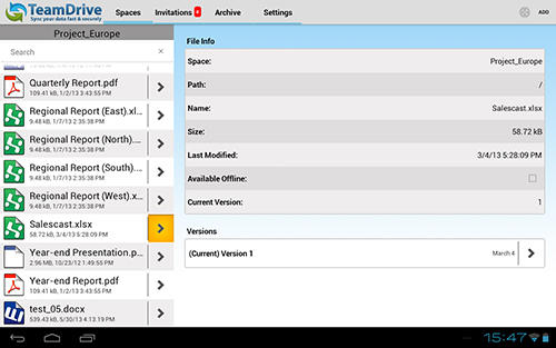 Les captures d'écran du programme Team drive pour le portable ou la tablette Android.