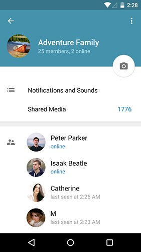 Screenshots of Telegram program for Android phone or tablet.