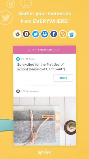 Screenshots of Timehop program for Android phone or tablet.