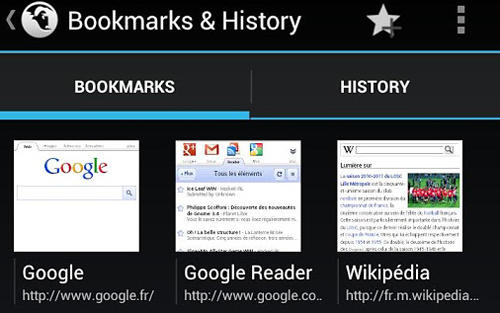 Les captures d'écran du programme Tint browser pour le portable ou la tablette Android.