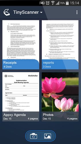 アンドロイドの携帯電話やタブレット用のプログラムTiny scanner - PDF scanner のスクリーンショット。