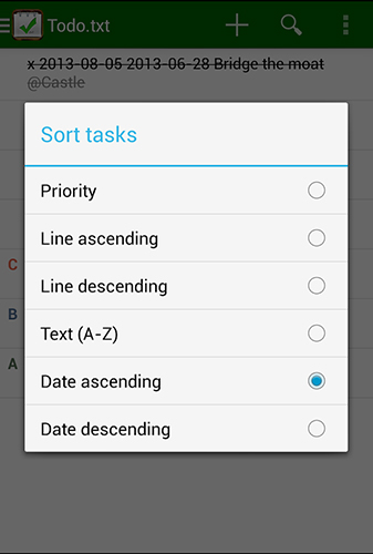 Screenshots of Todo.txt program for Android phone or tablet.