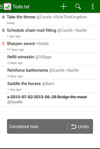 Les captures d'écran du programme Todo.txt pour le portable ou la tablette Android.