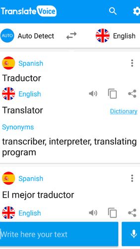 Capturas de pantalla del programa Translate voice para teléfono o tableta Android.