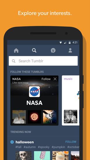 Screenshots of Tumblr program for Android phone or tablet.
