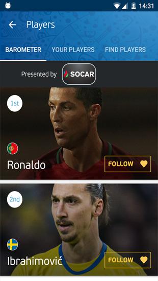 Capturas de tela do programa UEFA Euro 2016: Official App em celular ou tablete Android.