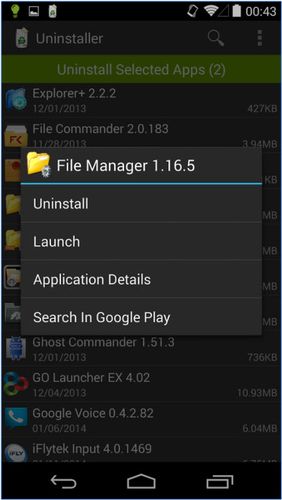 Les captures d'écran du programme Uninstaller pour le portable ou la tablette Android.