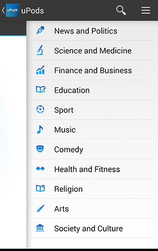 Screenshots of uPods program for Android phone or tablet.