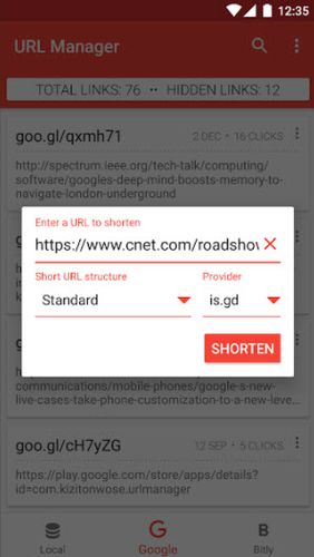Les captures d'écran du programme URL manager pour le portable ou la tablette Android.