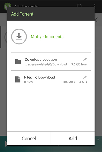 Screenshots of µTorrent program for Android phone or tablet.