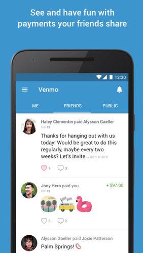 アンドロイドの携帯電話やタブレット用のプログラムVenmo: Send & receive money のスクリーンショット。
