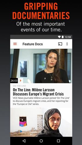 Les captures d'écran du programme VICE news pour le portable ou la tablette Android.