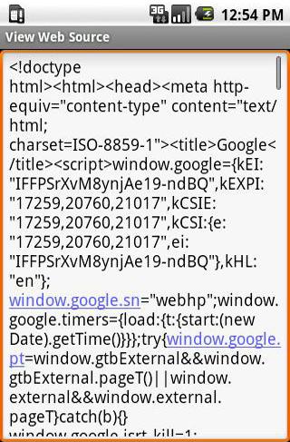 Screenshots of View Web Source program for Android phone or tablet.