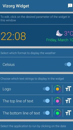 Les captures d'écran du programme Vizorg widget pour le portable ou la tablette Android.