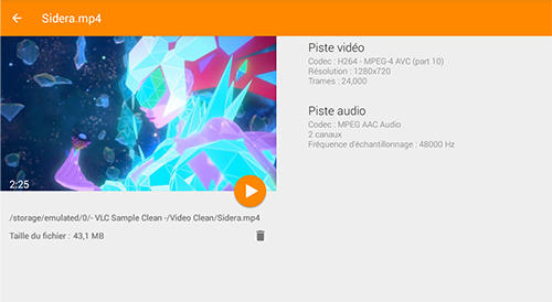 Les captures d'écran du programme VLC media player pour le portable ou la tablette Android.