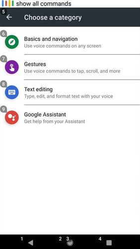 Capturas de pantalla del programa Voice access para teléfono o tableta Android.
