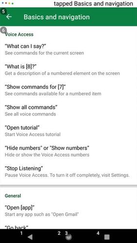 Les captures d'écran du programme Voice access pour le portable ou la tablette Android.