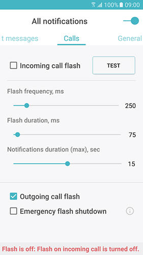 アンドロイドの携帯電話やタブレット用のプログラムFlash on call のスクリーンショット。