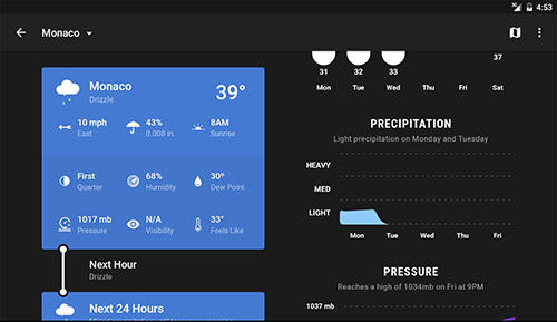Capturas de pantalla del programa Weather timeline para teléfono o tableta Android.
