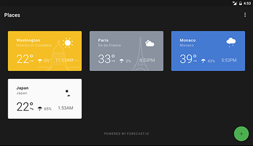 Les captures d'écran du programme Weather timeline pour le portable ou la tablette Android.