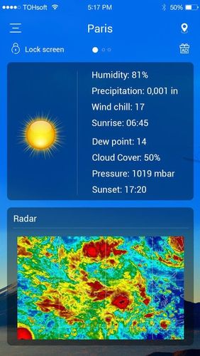 Les captures d'écran du programme Weather forecast pour le portable ou la tablette Android.