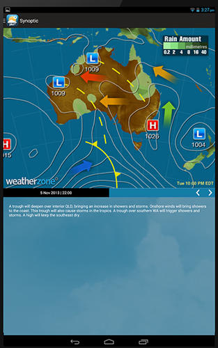 Les captures d'écran du programme Weatherzone plus pour le portable ou la tablette Android.