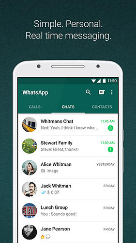 Screenshots of WhatsApp messenger program for Android phone or tablet.