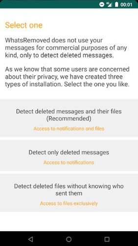 Скріншот додатки WhatsRemoved для Андроїд. Робочий процес.