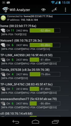 Les captures d'écran du programme Wifi analyzer pour le portable ou la tablette Android.