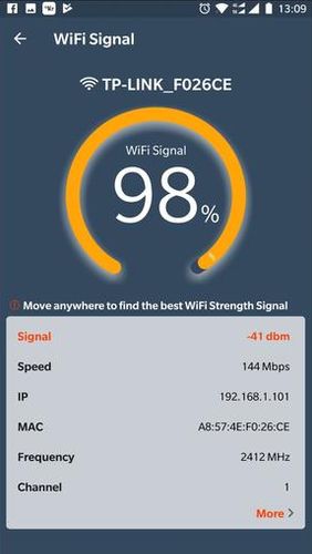 Capturas de tela do programa WiFi router master - WiFi analyzer & Speed test em celular ou tablete Android.