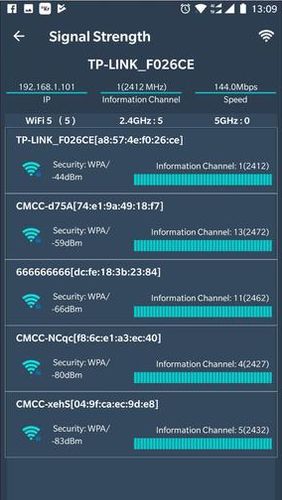 Capturas de pantalla del programa WiFi router master - WiFi analyzer & Speed test para teléfono o tableta Android.