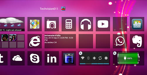 Screenshots of Windows 8+ launcher program for Android phone or tablet.