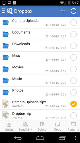 Capturas de tela do programa WinZip em celular ou tablete Android.