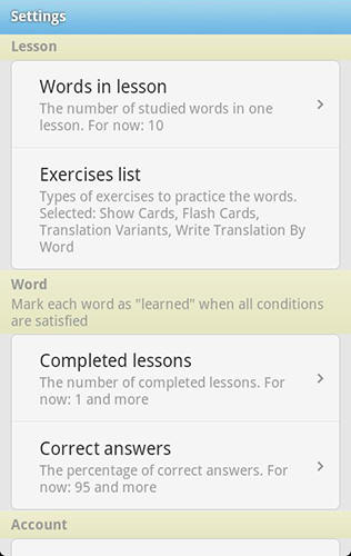 Screenshots of Word steps program for Android phone or tablet.