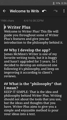 Скріншот додатки Writer plus (Write on the go) для Андроїд. Робочий процес.