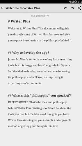 Screenshots of Writer plus (Write on the go) program for Android phone or tablet.