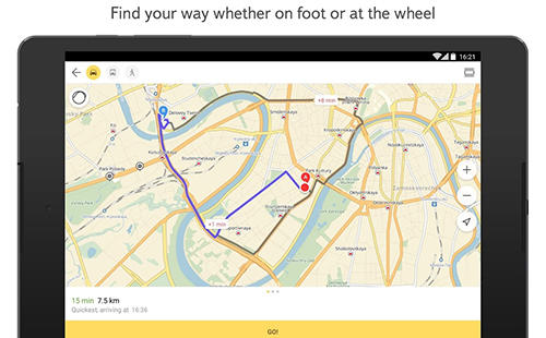 Les captures d'écran du programme Yandex maps pour le portable ou la tablette Android.