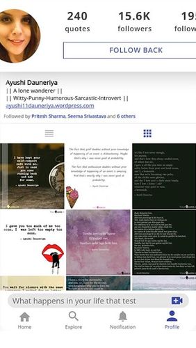 アンドロイドの携帯電話やタブレット用のプログラムYourQuote - Write quotes, poems, stories & shayari のスクリーンショット。