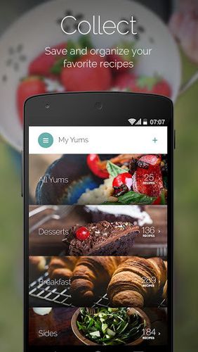 Capturas de tela do programa Yummly: Recipes & Shopping list em celular ou tablete Android.