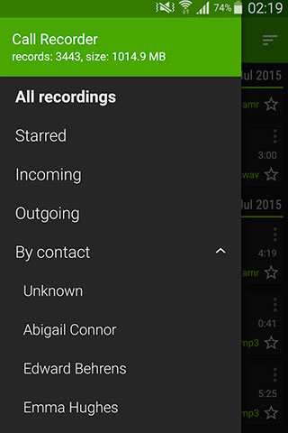Les captures d'écran du programme Call Recorder pour le portable ou la tablette Android.