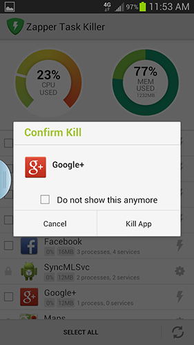 Die App Zapper task killer für Android, Laden Sie kostenlos Programme für Smartphones und Tablets herunter.
