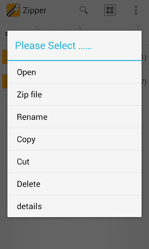 Les captures d'écran du programme Zipper pour le portable ou la tablette Android.