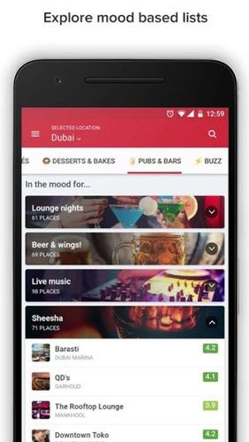 Les captures d'écran du programme Zomato - Restaurant finder pour le portable ou la tablette Android.