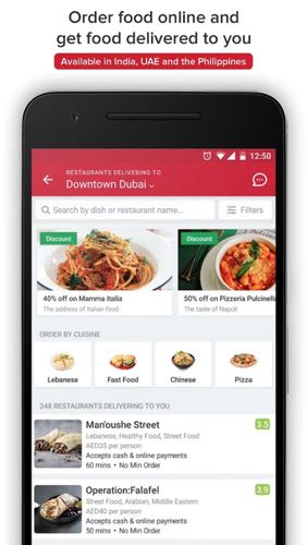 アンドロイドの携帯電話やタブレット用のプログラムZomato - Restaurant finder のスクリーンショット。