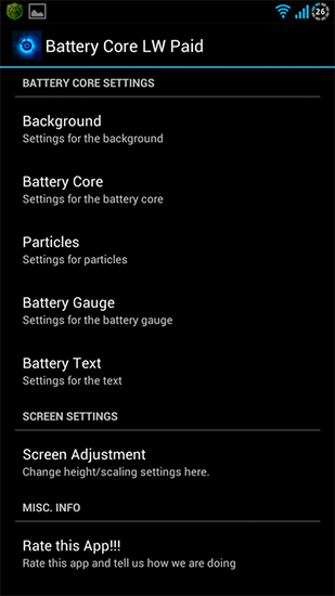 Capturas de pantalla de Battery core para tabletas y teléfonos Android.